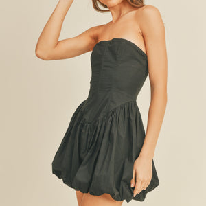 Mitylene Strapless Bubble Hem Mini Dress in Black
