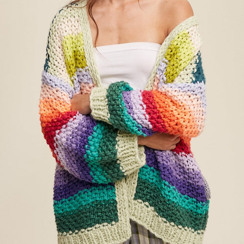 Mitylene Hand Crochet Oversized Open Cardigan in Green Multi