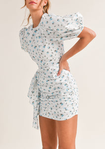 Mitylene Puff Sleeve Mini Dress in Blue Floral