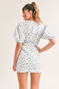 Mitylene Puff Sleeve Mini Dress in Blue Floral