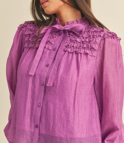 Mitylene Ruffled Yoke Balloon Sleeve Blouse in Deep Orchid