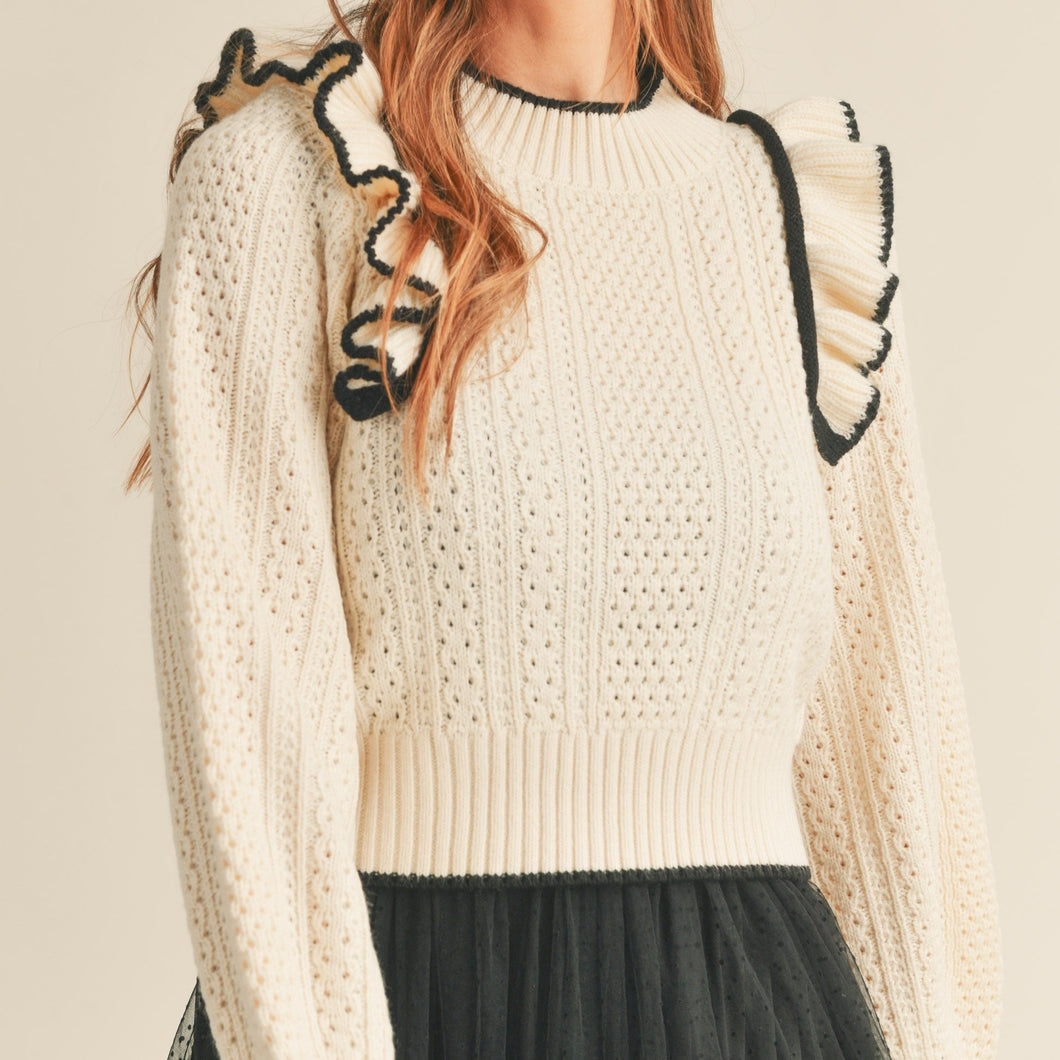 Mitylene Cable Knit Contrast Sweater in Cream
