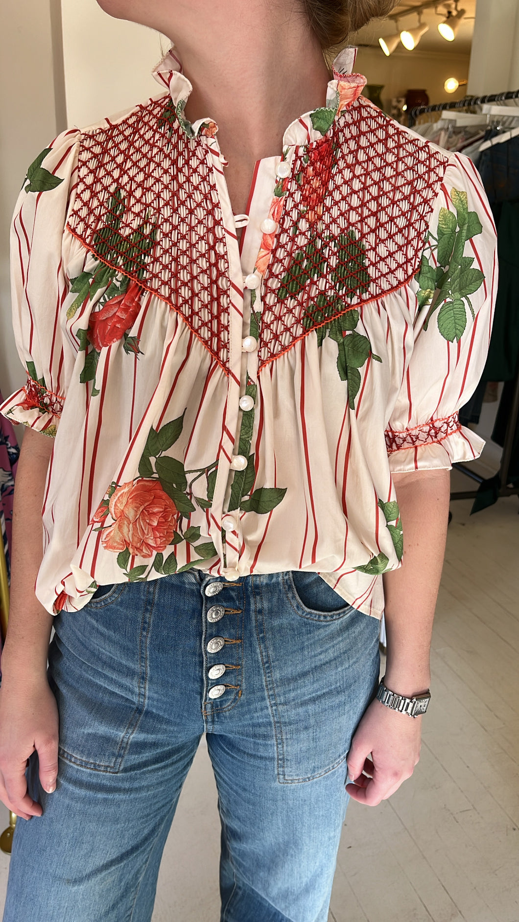 Loretta Caponi Milvia Shirt in Embroidered Rosa