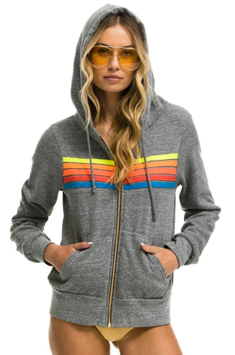 Aviator Nation 5 Stripe Zip Hoodie in Heather Grey / Neon Rainbow