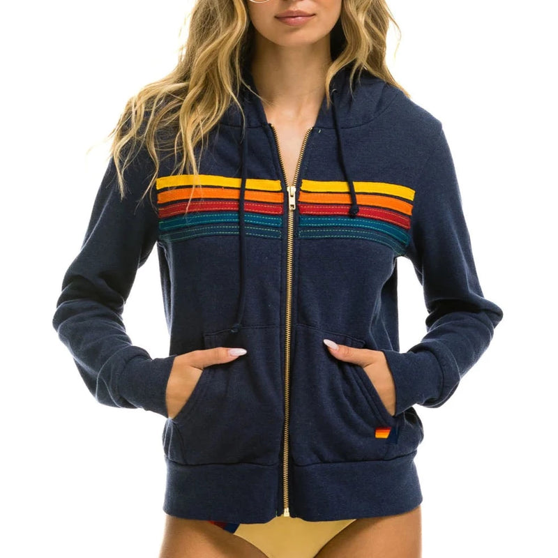 Aviator Nation 5 Stripe Zip Hoodie in Navy mitylene