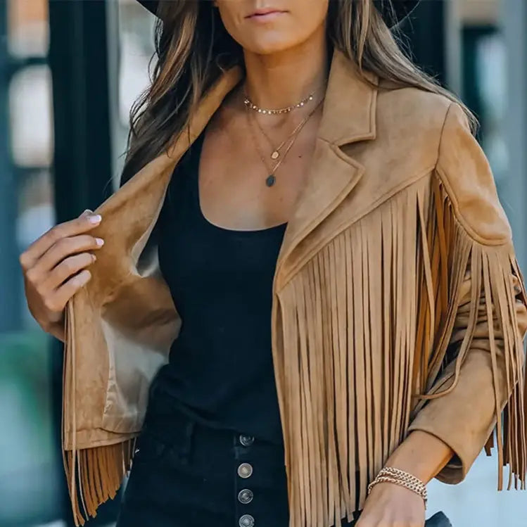Faux Suede Fringe Jacket Tan
