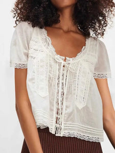 Square Neck Lace Front Tie Top