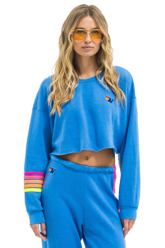 Aviator Nation Rugby Stitched Cropped Crew Sweatshirt in Cobalt / Neon