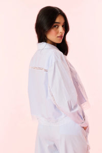 LoveShackFancy Delano Cotton Pinstripe Shirt in Sky Lagoon