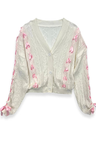 Katie J Tween Libby Ribbon Cardigan in White/Pink