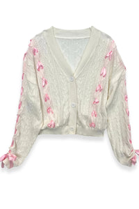 Katie J Tween Libby Ribbon Cardigan in White/Pink