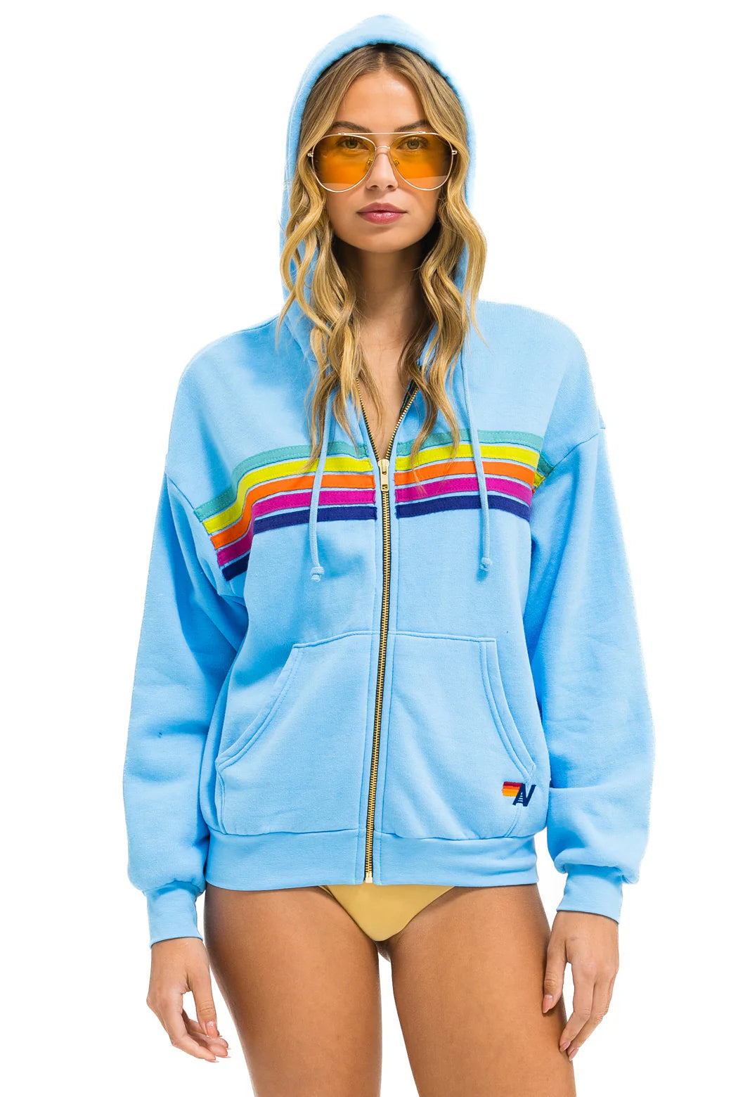 Aviator Nation 5 Stripe Zip Hoodie in Sky / Rainbow