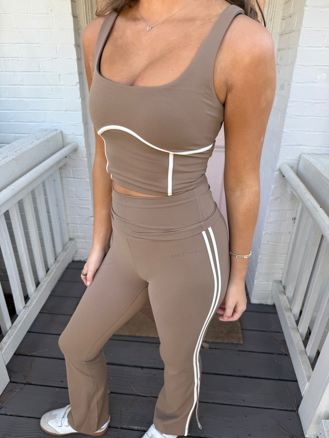 Cream Yoga Angel Folded Waist Flare Pants Latte