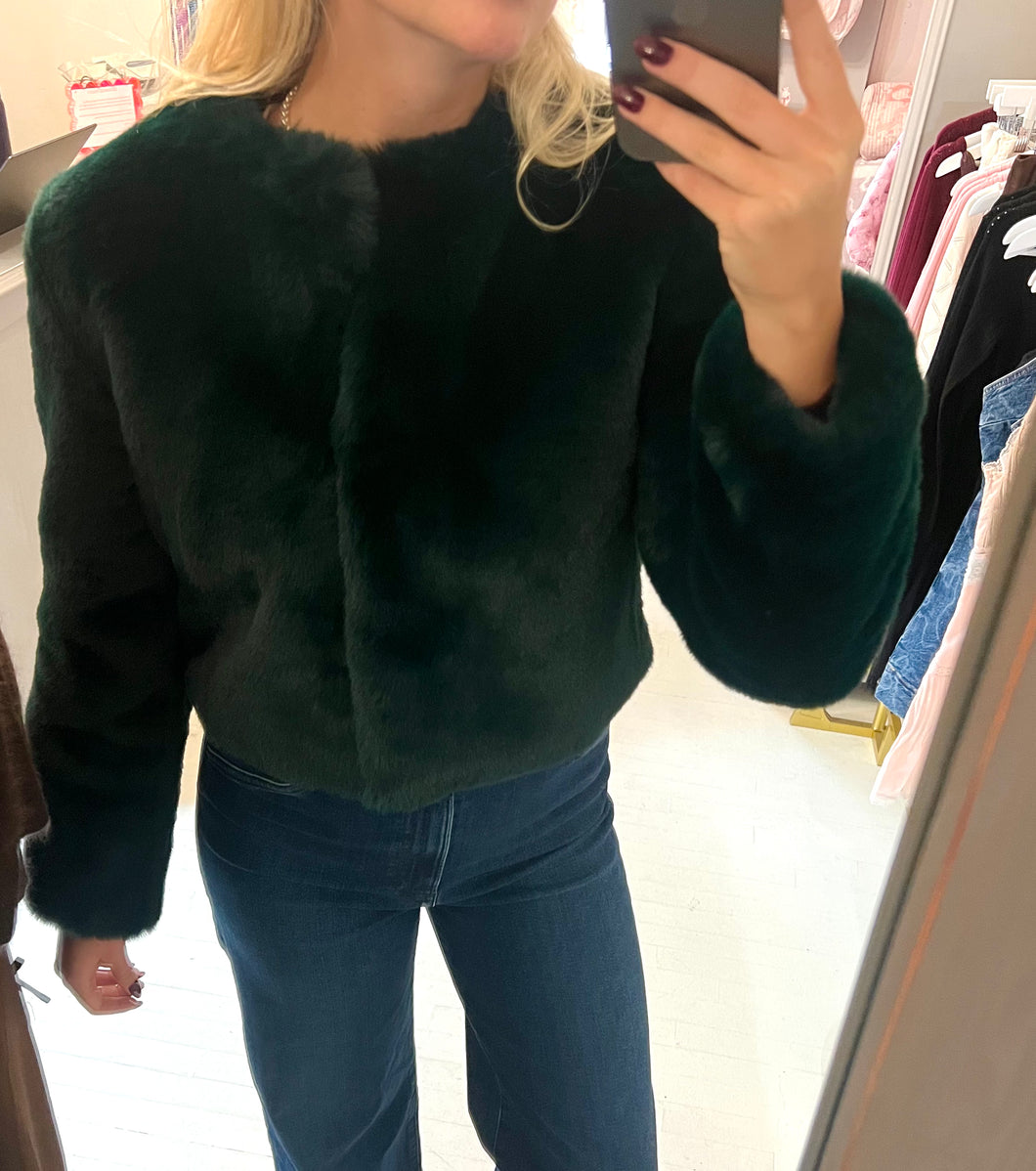 Faux Fur Cropped Jacket Green