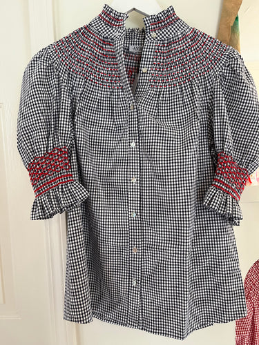 Andion Amelia Gingham Blouse in Navy