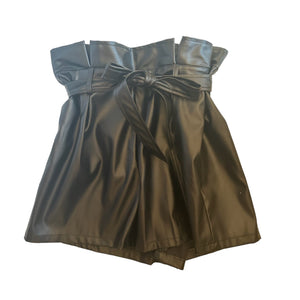 Mitylene Paper Bag Tie Faux Leather Shorts in Black
