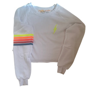 Aviator Nation Bolt Rugby Stitch Cropped Crew Sweatshirt in White / Neon Rainbow