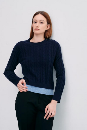 Layered Look Cable Knit Crewneck Sweater