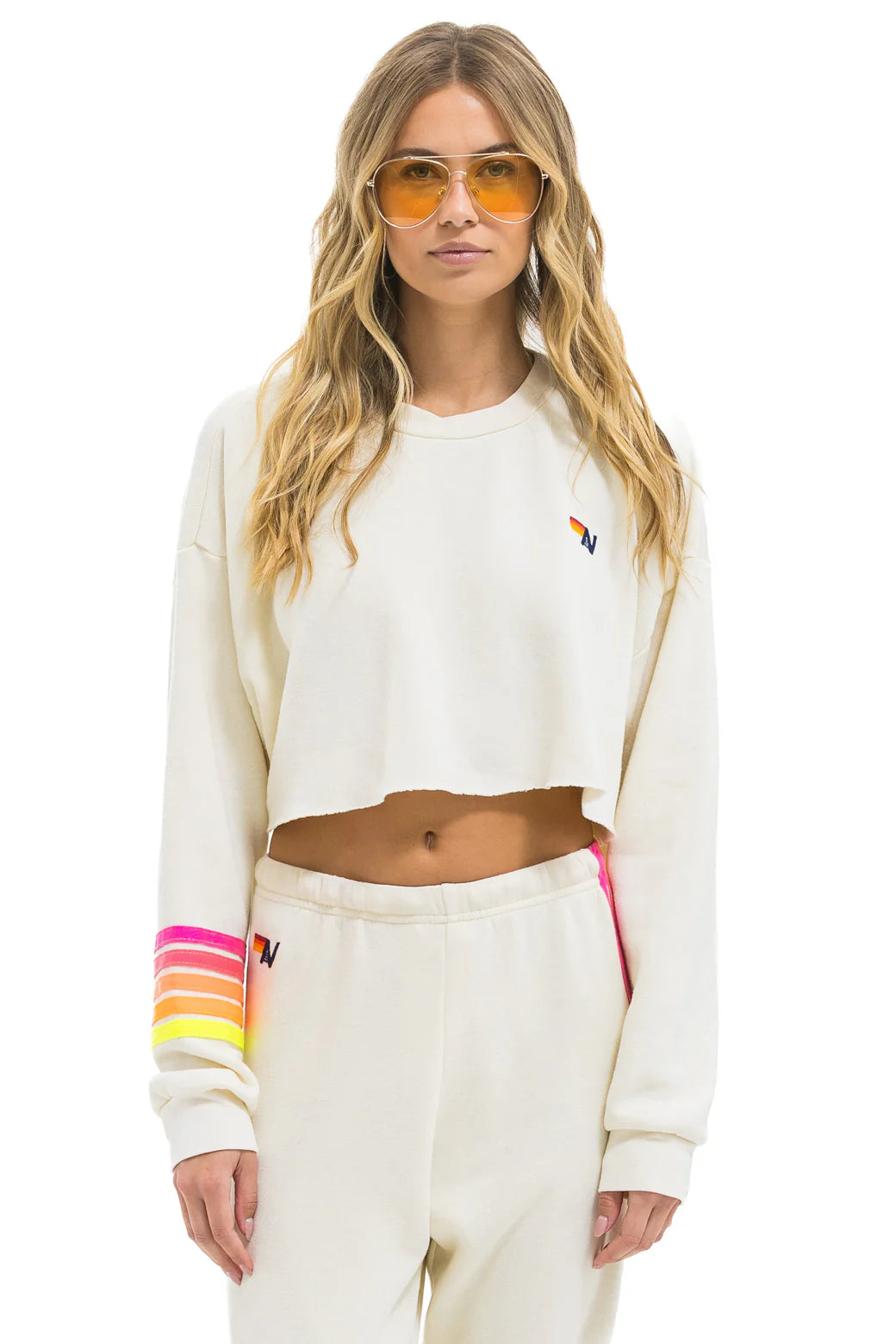 Aviator Nation Rugby Stitched Cropped Crew Sweatshirt in Vintage White / Neon