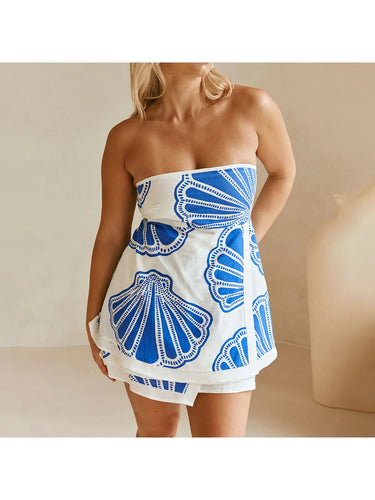 Marine Scallop Graffiti Print Strapless Top Skort Set