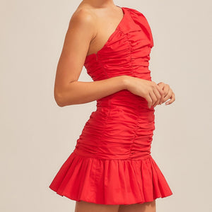 Mitylene Puff Sleeve Ruffle Mini Dress in Red