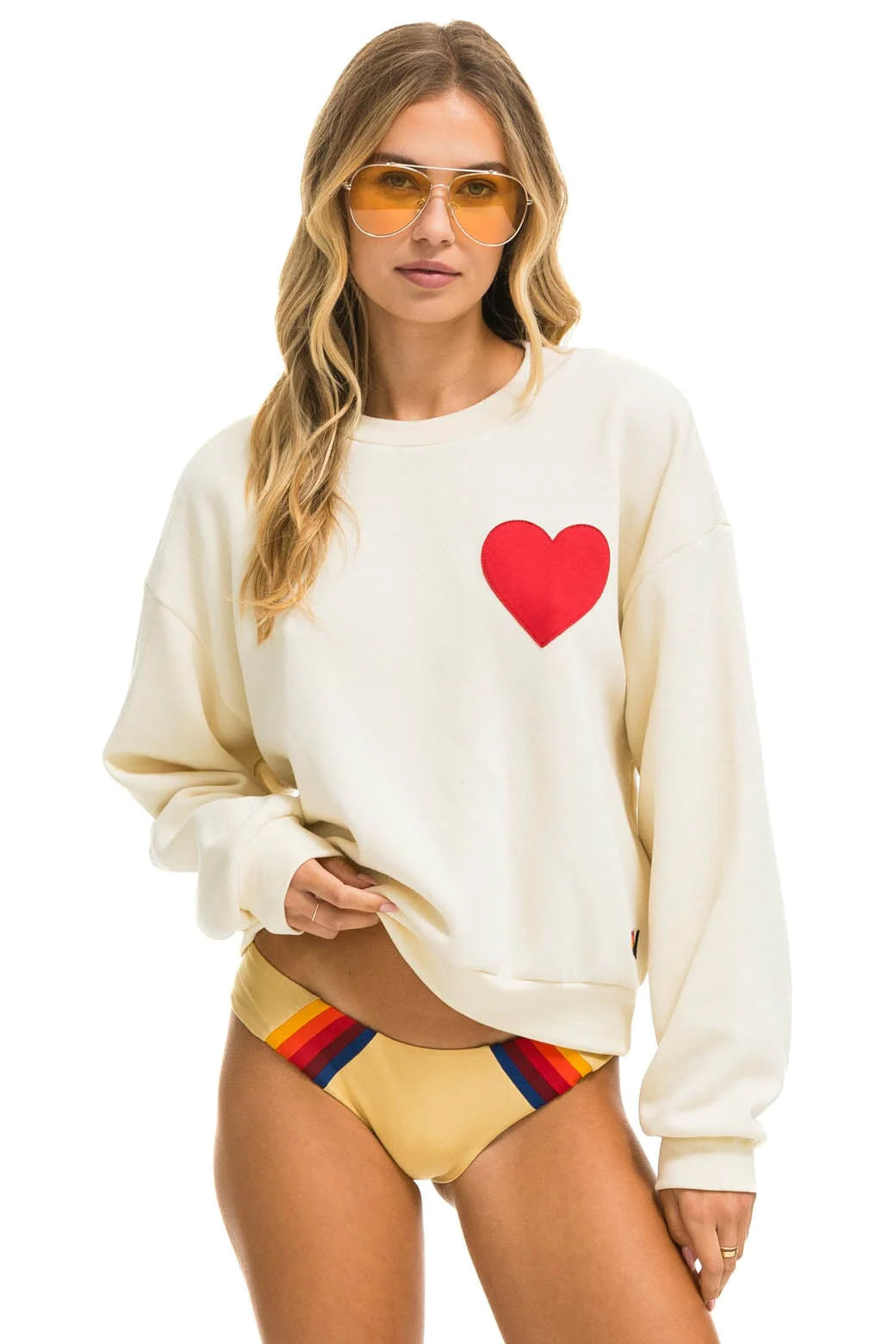 Aviator Nation Heart Stitched Relaxed Crew Sweatshirt in Vintage White