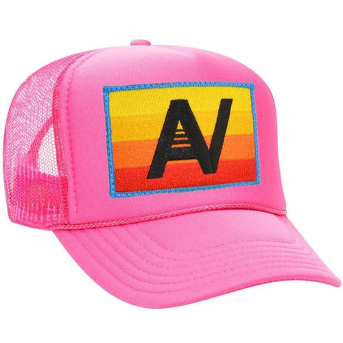 Aviator Nation Logo Rainbow Vintage Trucker Hat in Neon Pink