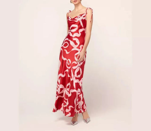 Kitri Cindy Red Ribbon Print Maxi Dress