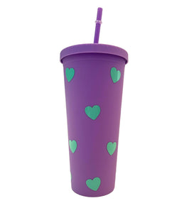 Mitylene Matte 24 oz Tumbler Cup in Purple with Mint Hearts