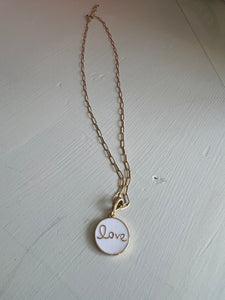 Gold Chain Necklace with Large Love White Pendant