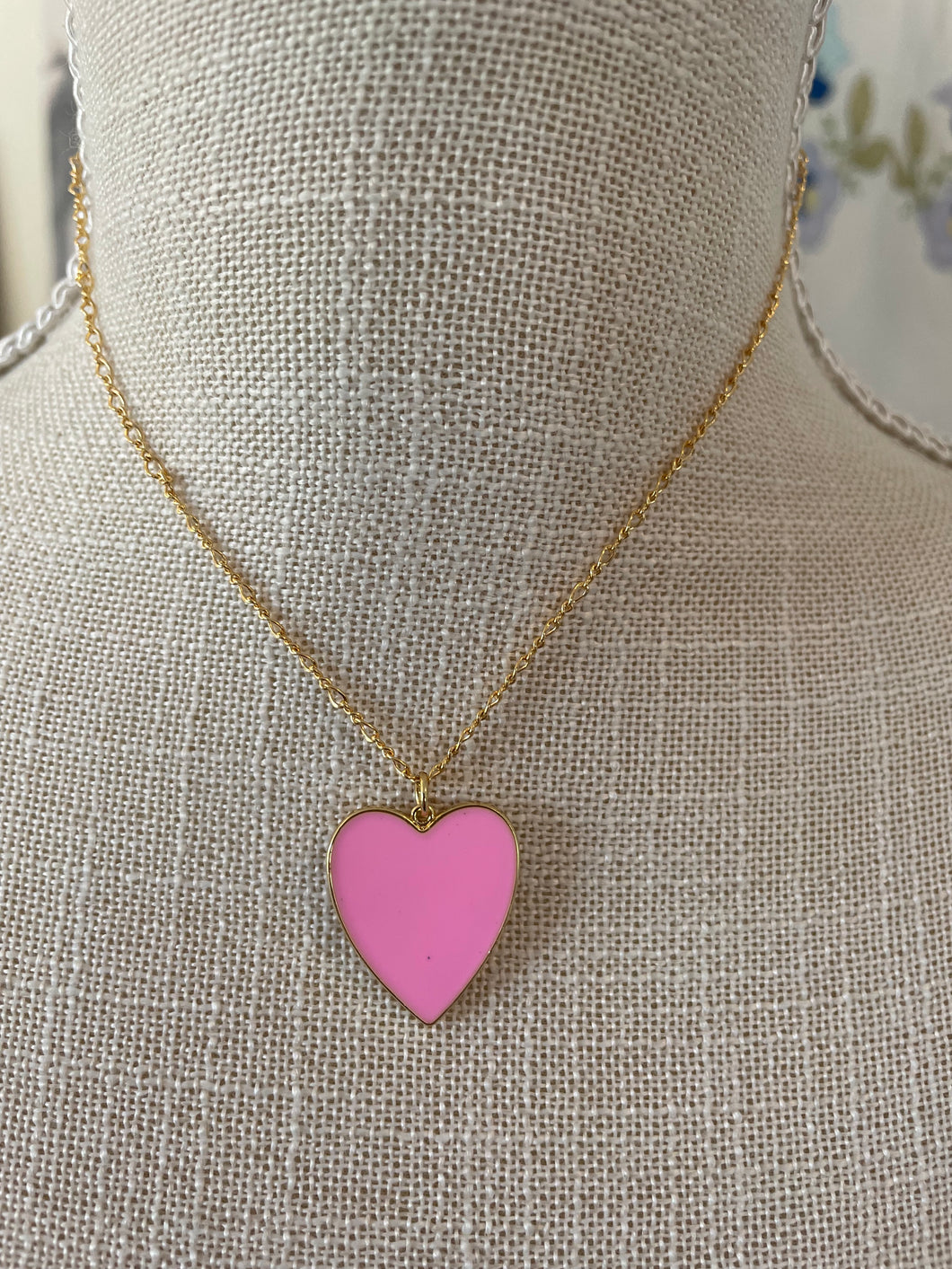 Gold Chain Necklace with Large Bright Pink Heart
