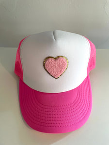 Pink and White Trucker Hat with Pink Heart