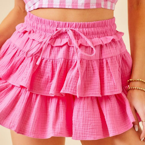 Mitylene Flounce Tiered Gauze Skort in Bubble Gum