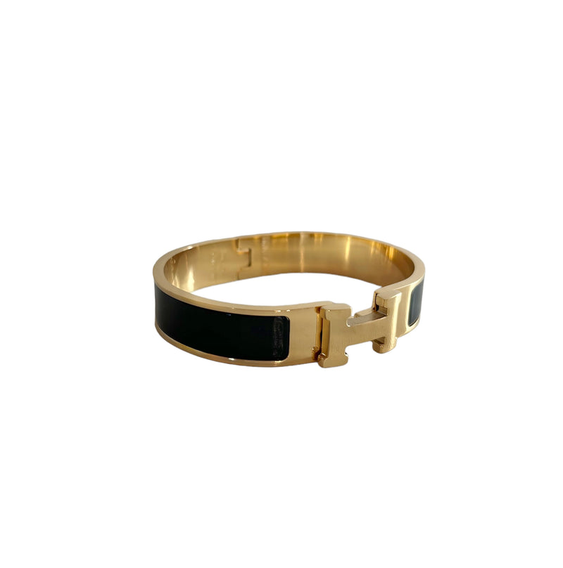 Hermes Collier de Chien Cuff Bracelet Black Leather Gold Hardware Size –  Celebrity Owned